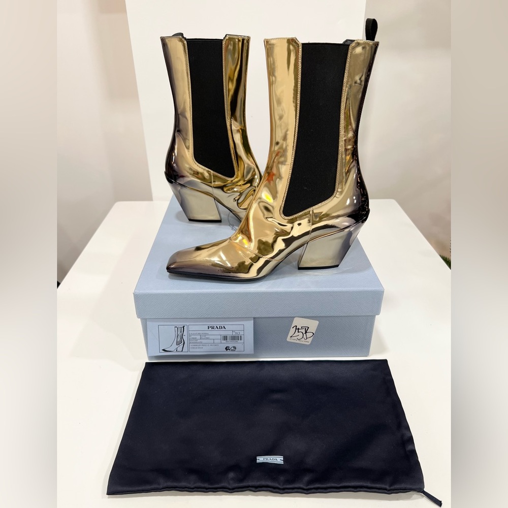 PRADA Metallic Leather Mid-Calf Boots EU:39.5 - Picture 4 of 11